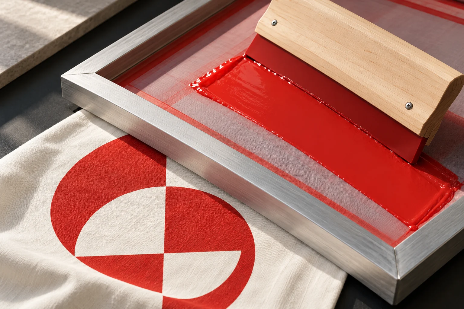 KI-generiertes Symbolbild: Siebdruck mit roter Farbe, Rakel und geometrischem Motiv